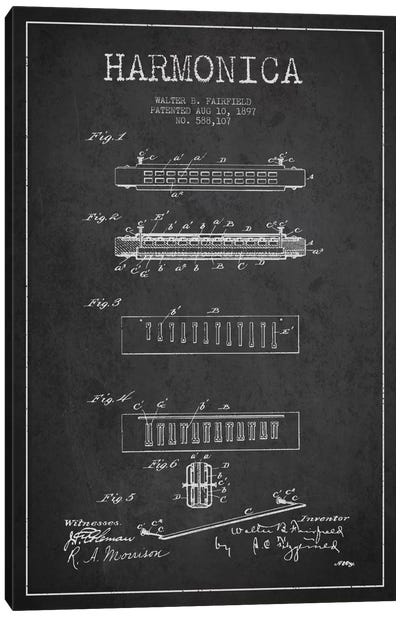 Harmonica Charcoal Patent Blueprint Canvas Art Print - Aged Pixel: Music