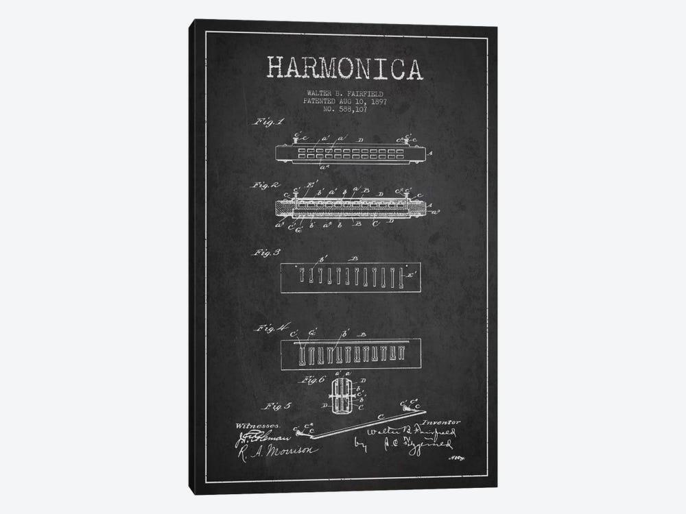 Harmonica Charcoal Patent Blueprint by Aged Pixel 1-piece Canvas Artwork
