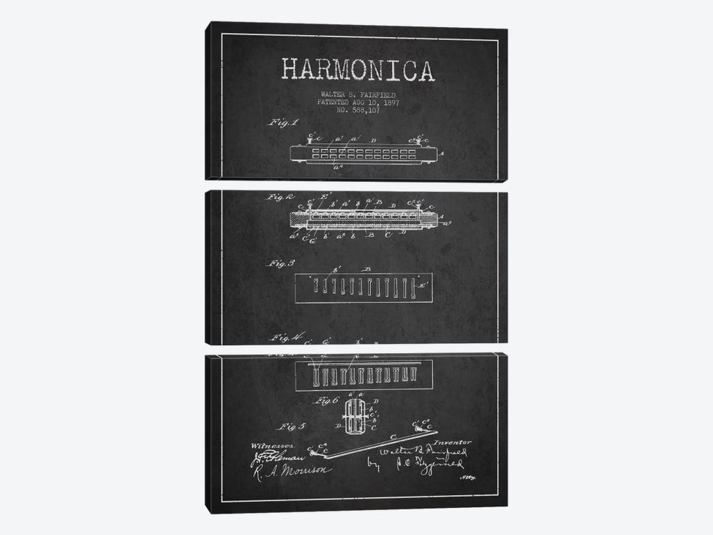 Harmonica Charcoal Patent Blueprint by Aged Pixel 3-piece Canvas Artwork