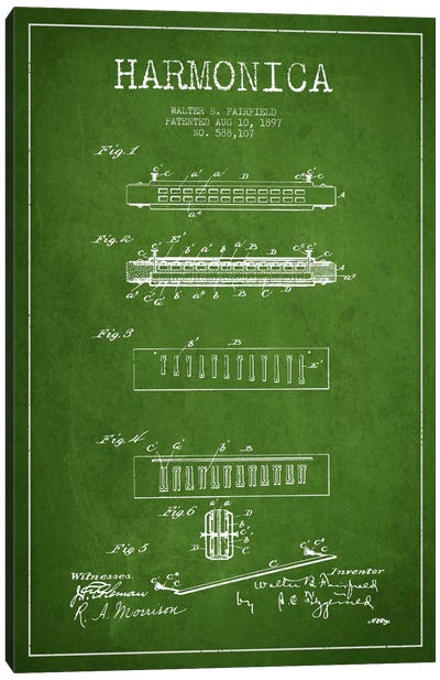 Harmonica Green Patent Blueprint Canvas Art Print - Musical Instrument Art