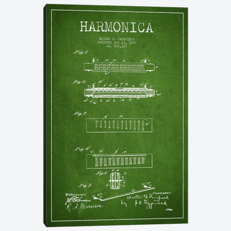 Harmonica Green Patent Blueprint Canvas Print #ADP1020} by Aged Pixel Canvas Art