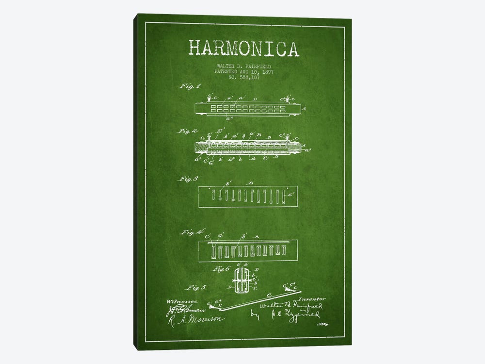Harmonica Green Patent Blueprint by Aged Pixel 1-piece Canvas Art