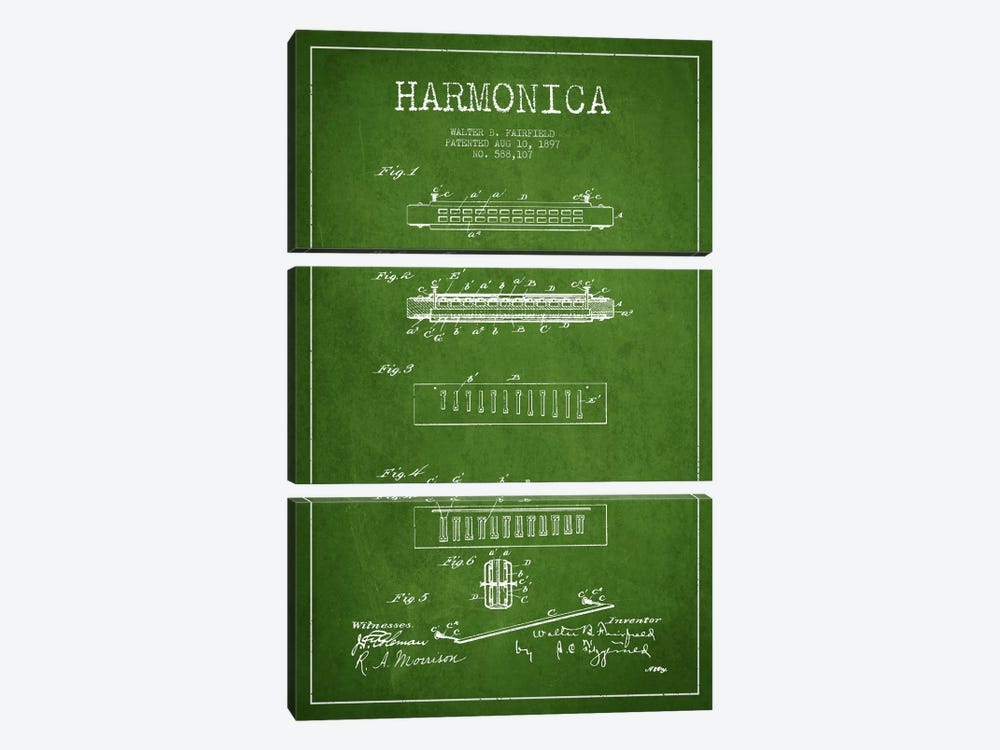 Harmonica Green Patent Blueprint by Aged Pixel 3-piece Canvas Artwork