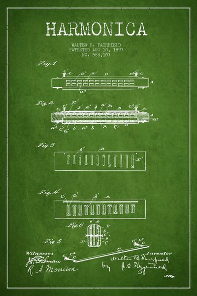 Music Blueprints: Harmonica Green Patent Blueprint by Aged Pixel