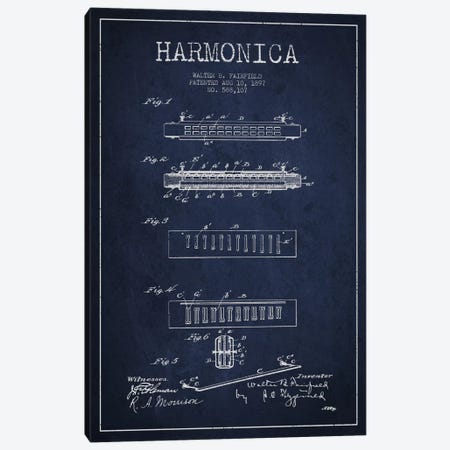 Harmonica Navy Blue Patent Blueprint Canvas Print #ADP1021} by Aged Pixel Canvas Wall Art