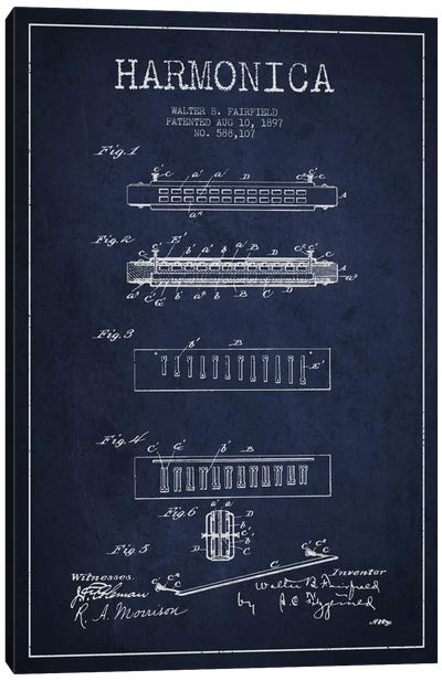 Harmonica Navy Blue Patent Blueprint Canvas Art Print - Music Blueprints