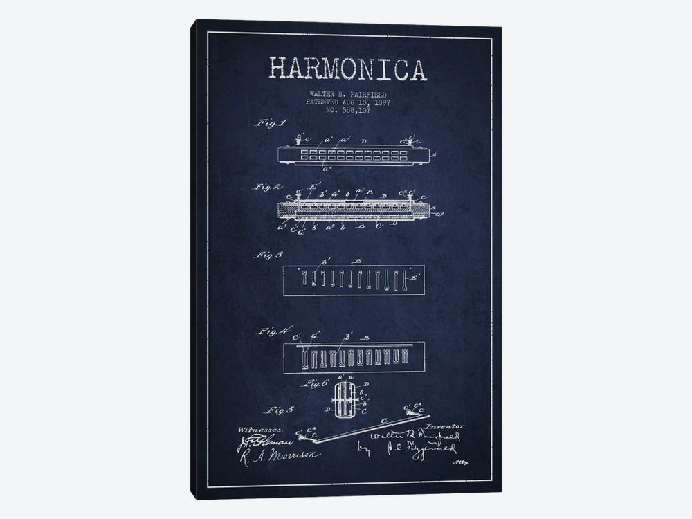 Harmonica Navy Blue Patent Blueprint by Aged Pixel 1-piece Canvas Print