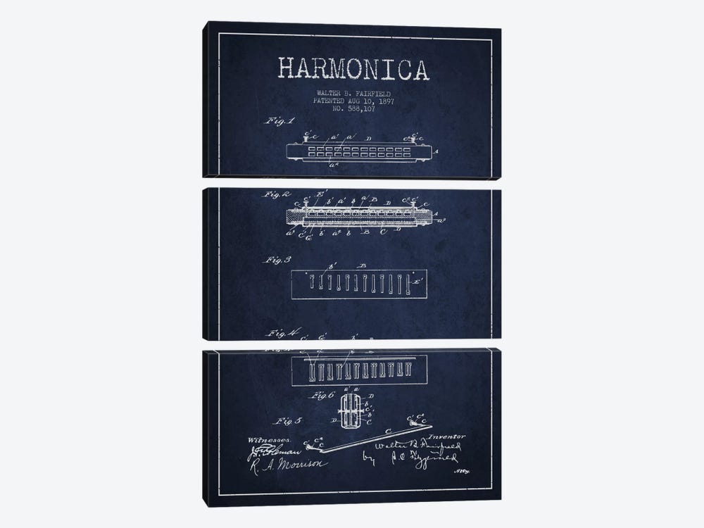 Harmonica Navy Blue Patent Blueprint by Aged Pixel 3-piece Canvas Art Print