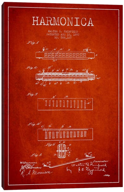 Harmonica Red Patent Blueprint Canvas Art Print - Musical Instrument Art
