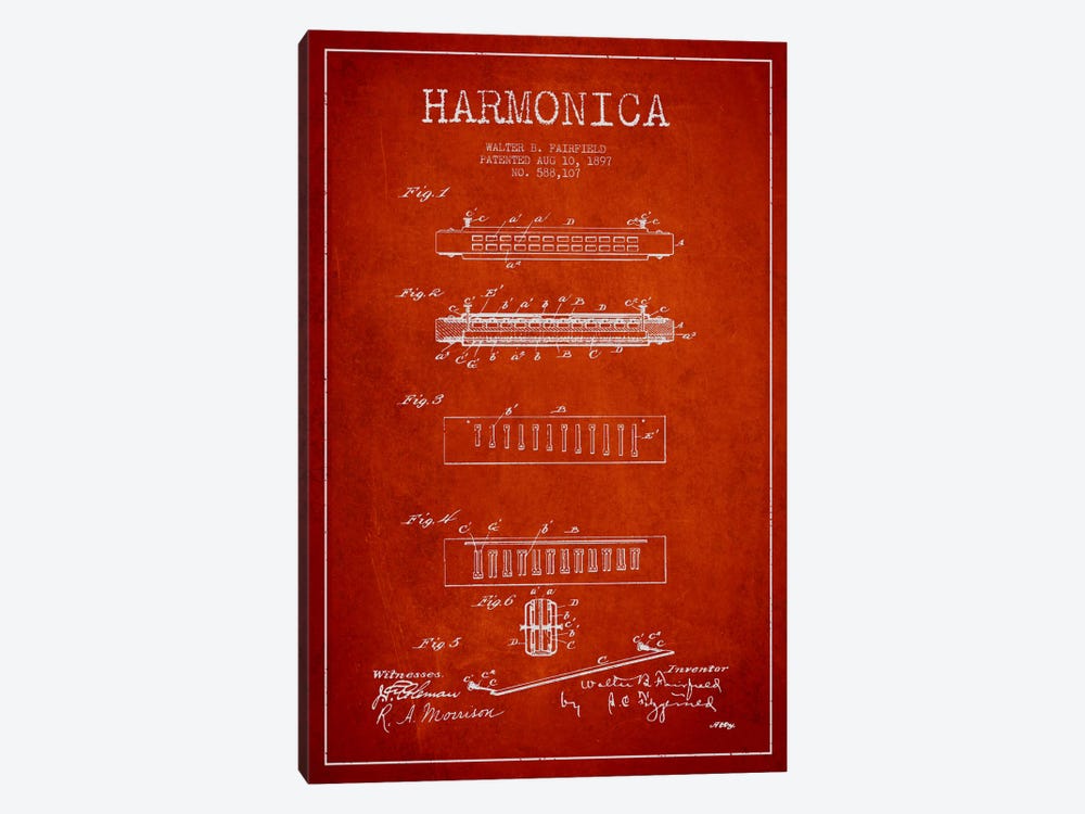 Harmonica Red Patent Blueprint by Aged Pixel 1-piece Canvas Wall Art