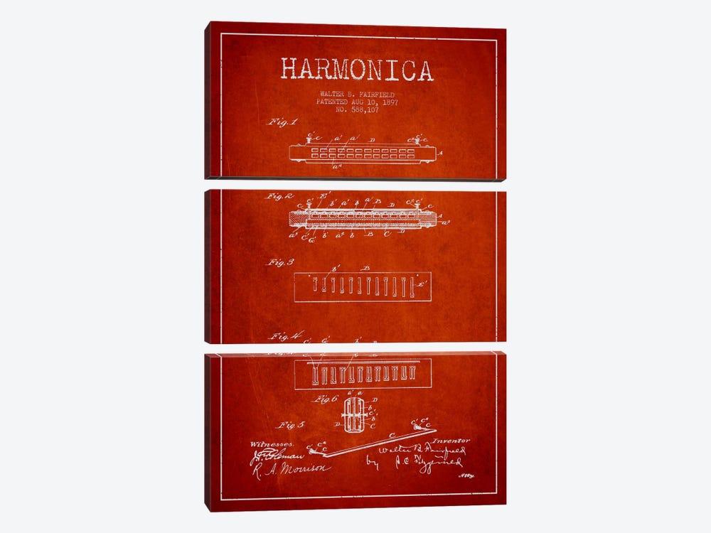 Harmonica Red Patent Blueprint by Aged Pixel 3-piece Canvas Wall Art