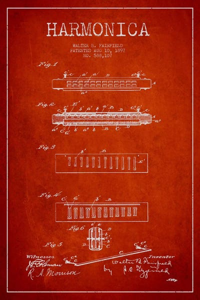 Music Blueprints: Harmonica Red Patent Blueprint by Aged Pixel