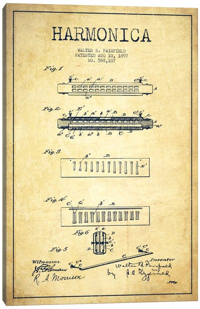 Harmonica Vintage Patent Blueprint Canvas Art Print - Aged Pixel: Music
