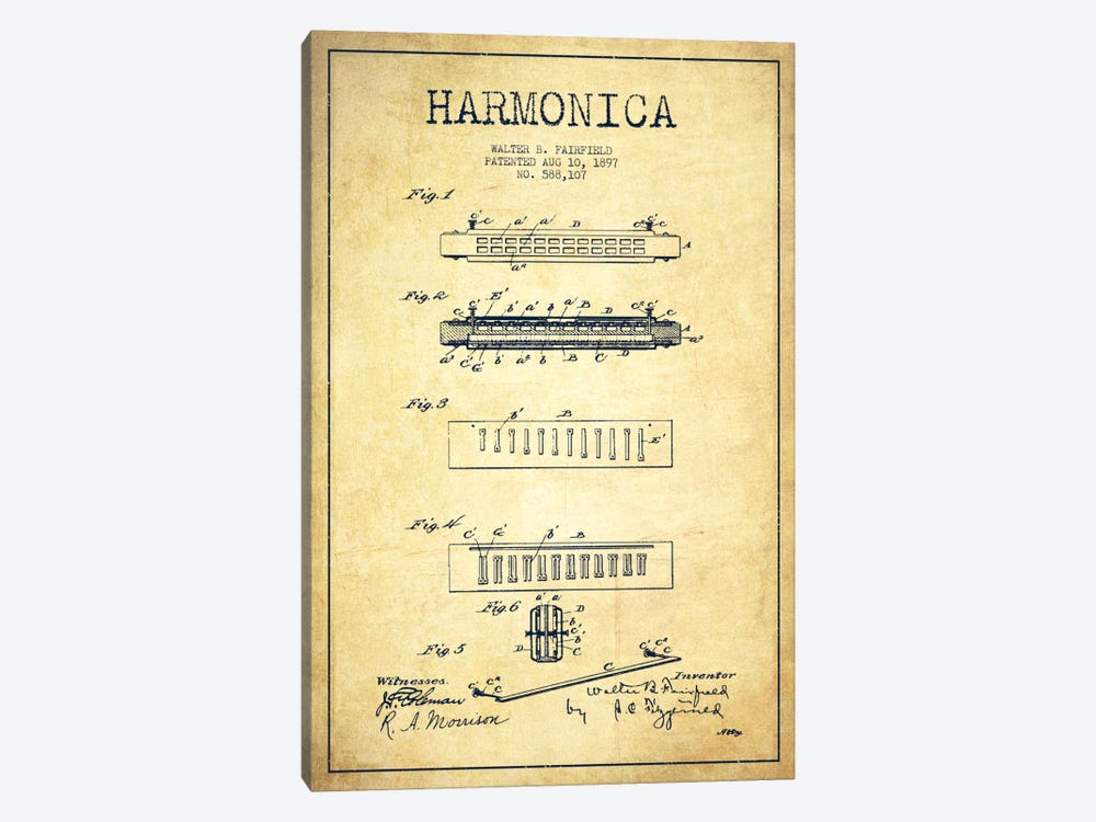 Harmonica Vintage Patent Blueprint by Aged Pixel 1-piece Canvas Print