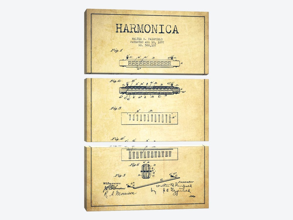Harmonica Vintage Patent Blueprint by Aged Pixel 3-piece Canvas Art Print