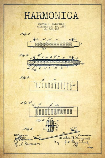 Music Blueprints: Harmonica Vintage Patent Blueprint by Aged Pixel