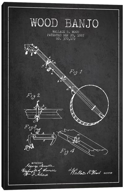 Wood Banjo Charcoal Patent Blueprint Canvas Art Print - Aged Pixel: Music