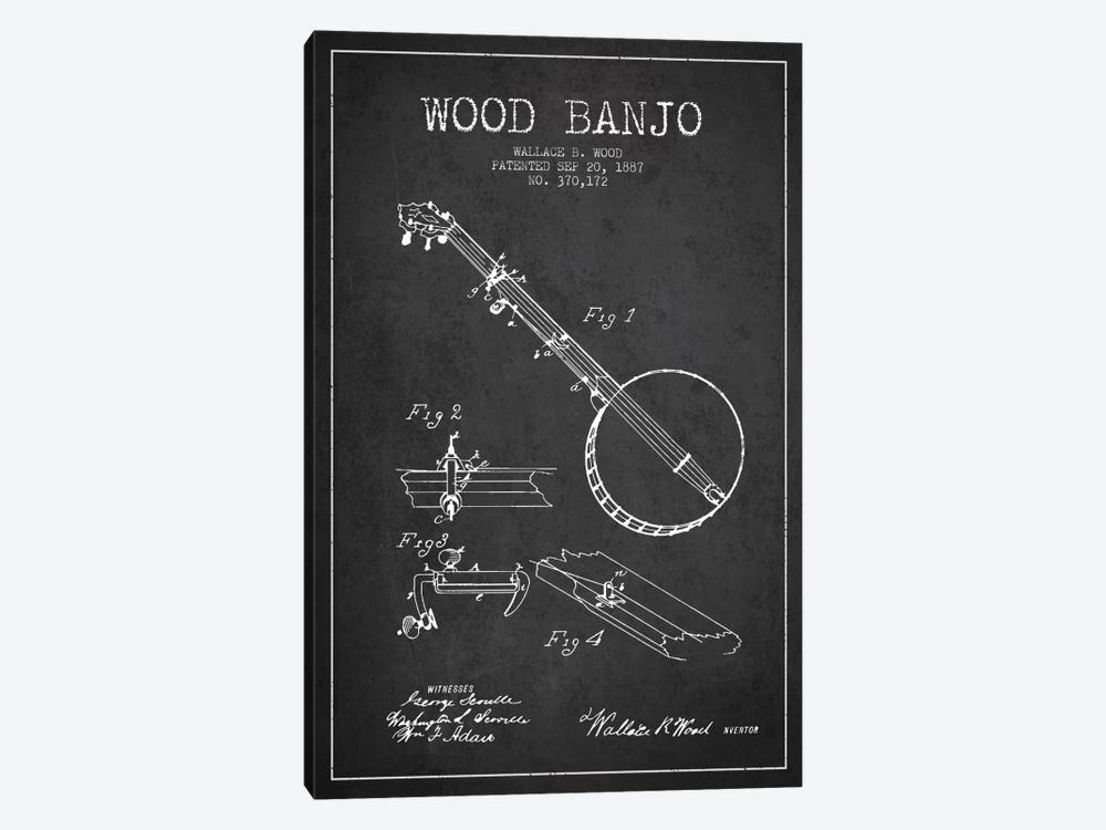 Wood Banjo Charcoal Patent Blueprint by Aged Pixel 1-piece Canvas Art