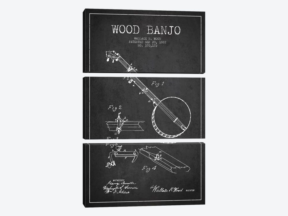 Wood Banjo Charcoal Patent Blueprint by Aged Pixel 3-piece Canvas Wall Art