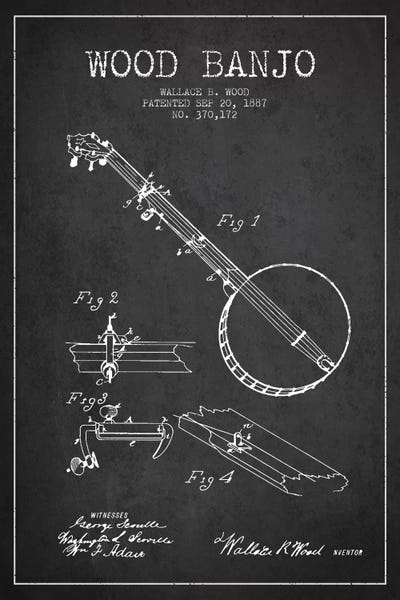 Wood Banjo Charcoal Patent Blueprint