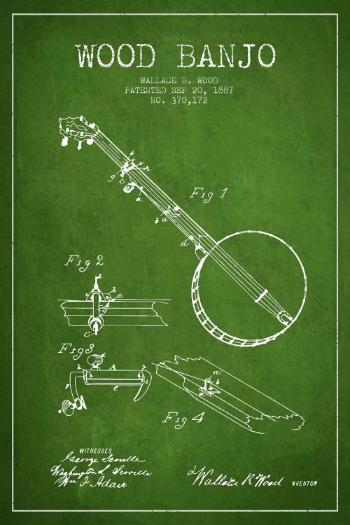 Wood Banjo Green Patent Blueprint by Aged Pixel wall art