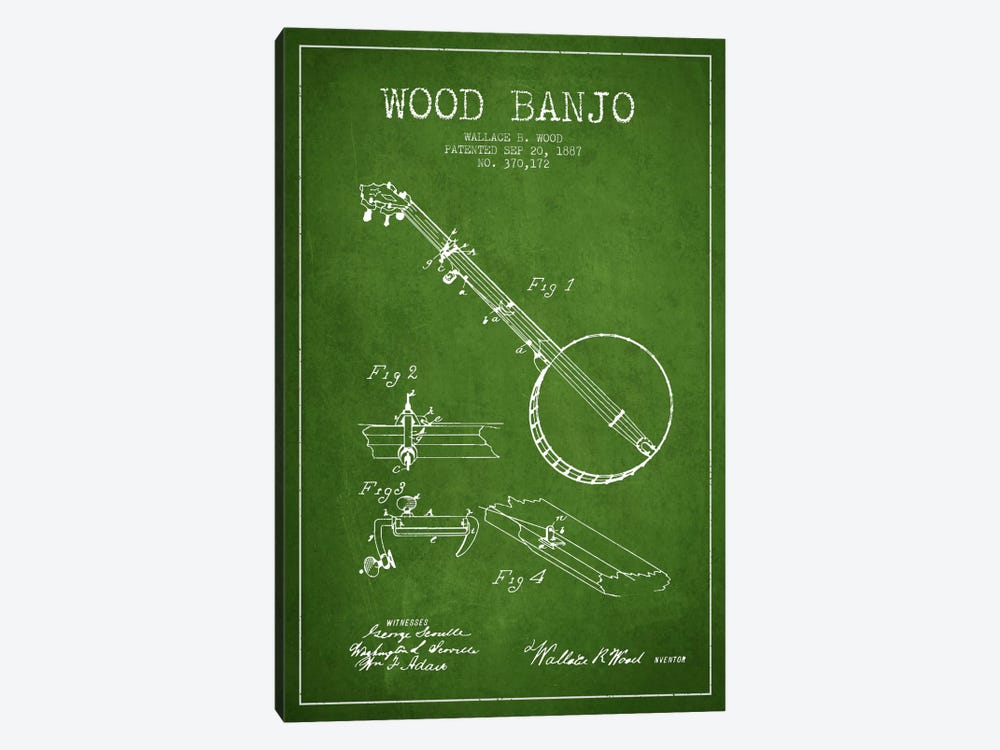 Wood Banjo Green Patent Blueprint by Aged Pixel 1-piece Canvas Print
