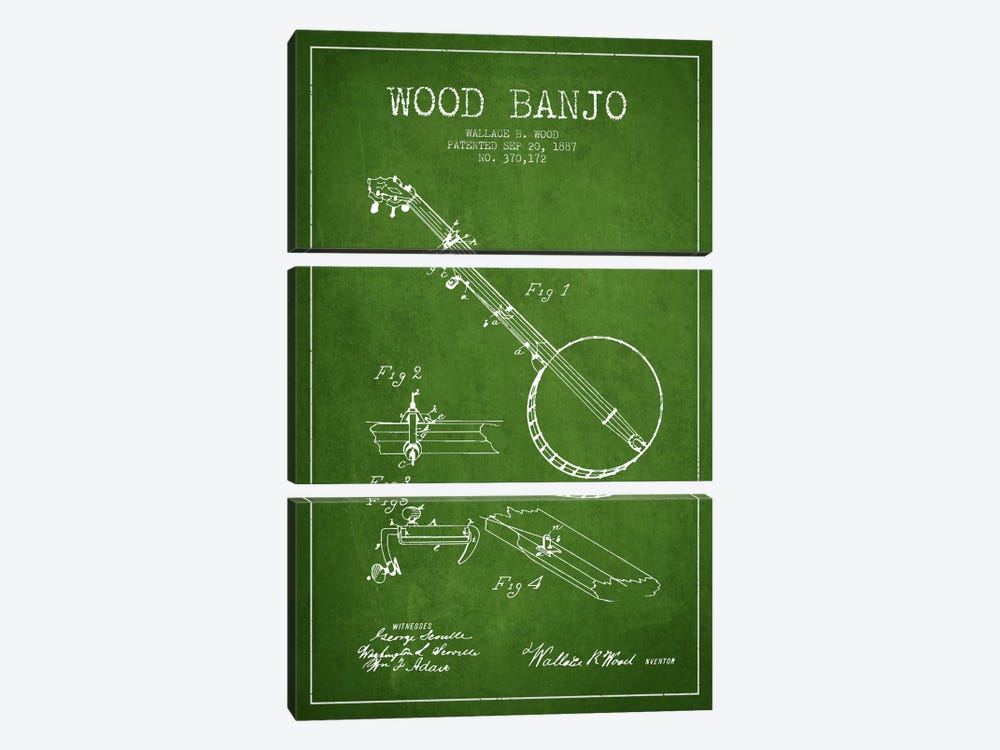 Wood Banjo Green Patent Blueprint by Aged Pixel 3-piece Art Print
