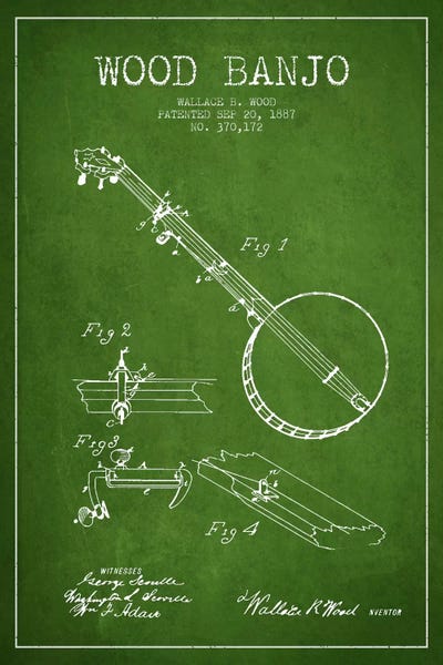 Music Blueprints: Wood Banjo Green Patent Blueprint by Aged Pixel