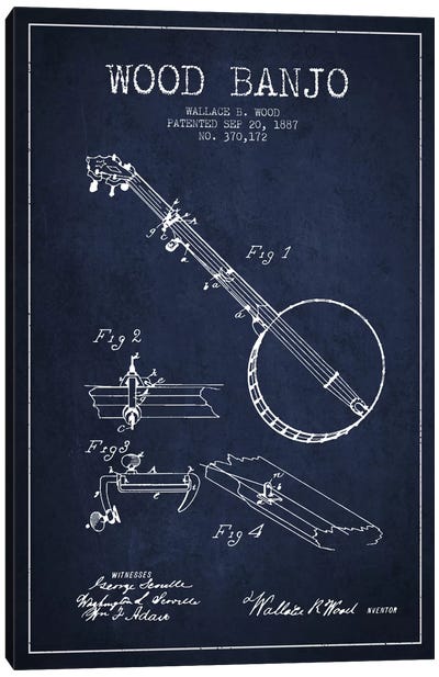 Wood Banjo Navy Blue Patent Blueprint Canvas Art Print - Aged Pixel: Music