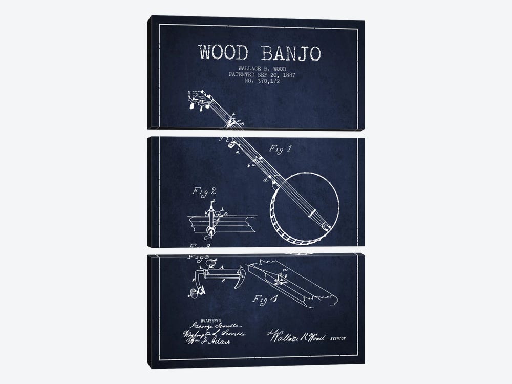 Wood Banjo Navy Blue Patent Blueprint by Aged Pixel 3-piece Canvas Artwork