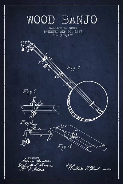 Music Blueprints: Wood Banjo Navy Blue Patent Blueprint by Aged Pixel