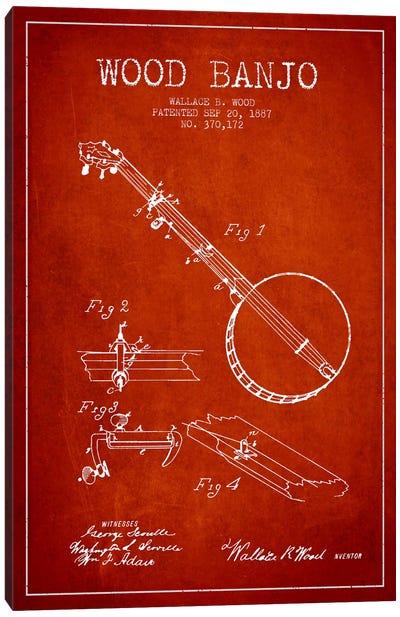 Wood Banjo Red Patent Blueprint Canvas Art Print - Guitar Art