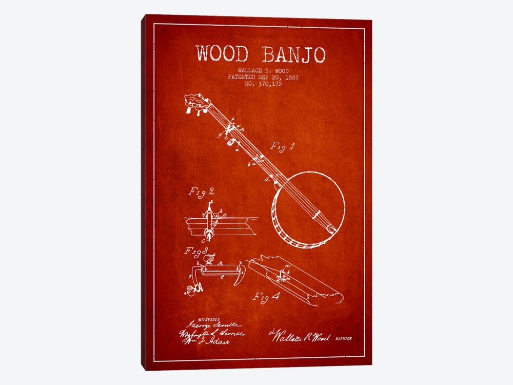 Wood Banjo Red Patent Blueprint by Aged Pixel 1-piece Canvas Art Print