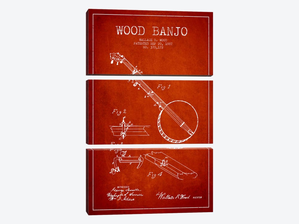 Wood Banjo Red Patent Blueprint by Aged Pixel 3-piece Canvas Print