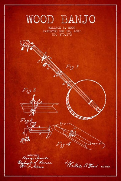 Music Blueprints: Wood Banjo Red Patent Blueprint by Aged Pixel