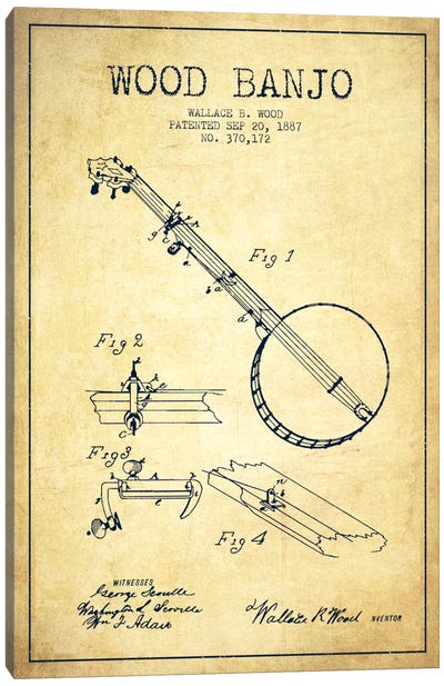 Wood Banjo Vintage Patent Blueprint Canvas Art Print - Aged Pixel: Music