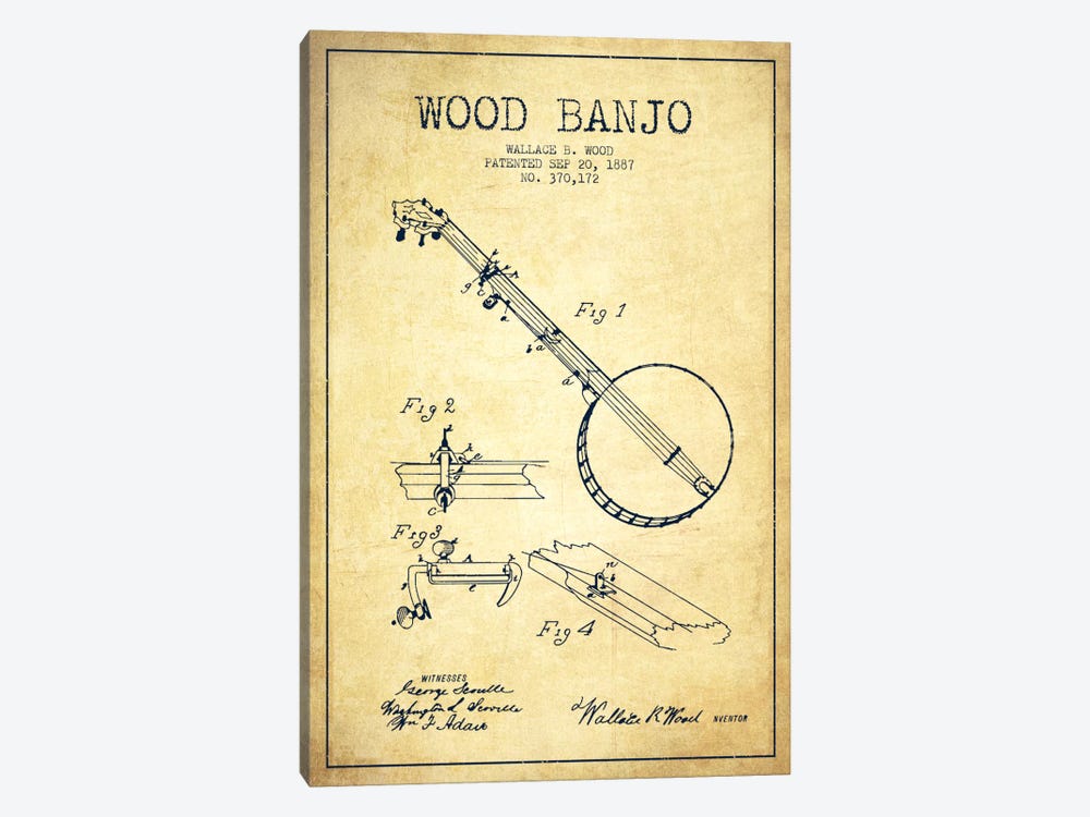 Wood Banjo Vintage Patent Blueprint by Aged Pixel 1-piece Canvas Artwork
