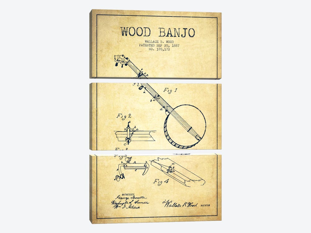 Wood Banjo Vintage Patent Blueprint by Aged Pixel 3-piece Canvas Art