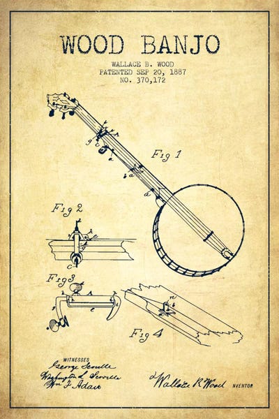 Music Blueprints: Wood Banjo Vintage Patent Blueprint by Aged Pixel