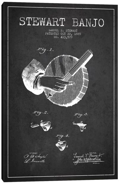 Stewart Banjo Charcoal Patent Blueprint Canvas Art Print - Guitar Art