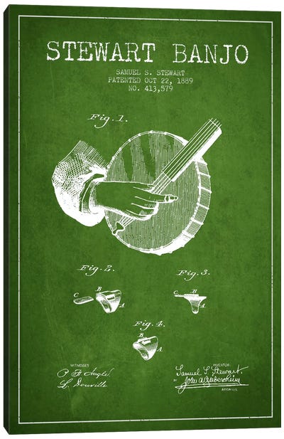 Stewart Banjo Green Patent Blueprint Canvas Art Print - Aged Pixel: Music