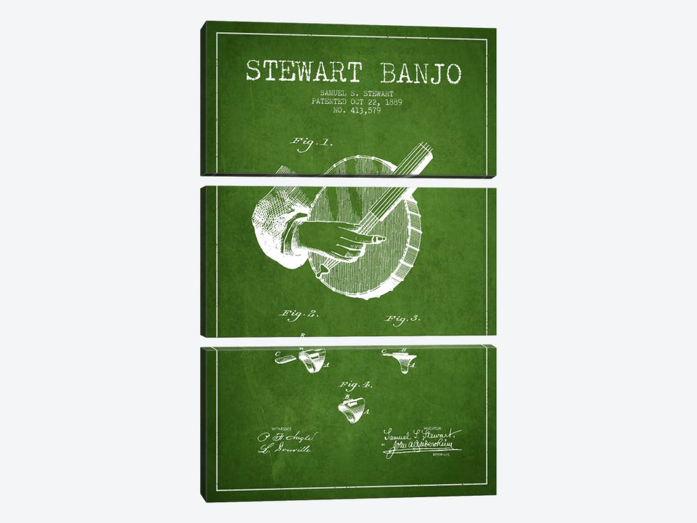 Stewart Banjo Green Patent Blueprint by Aged Pixel 3-piece Canvas Print
