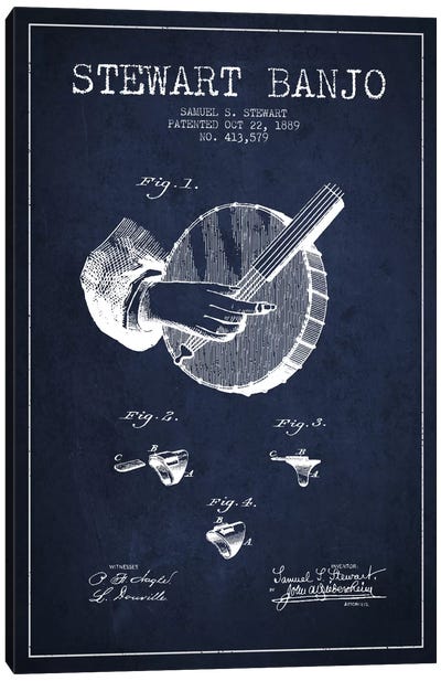 Stewart Banjo Navy Blue Patent Blueprint Canvas Art Print - Musical Instrument Art