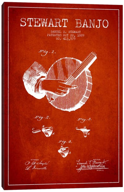 Stewart Banjo Red Patent Blueprint Canvas Art Print - Aged Pixel: Music