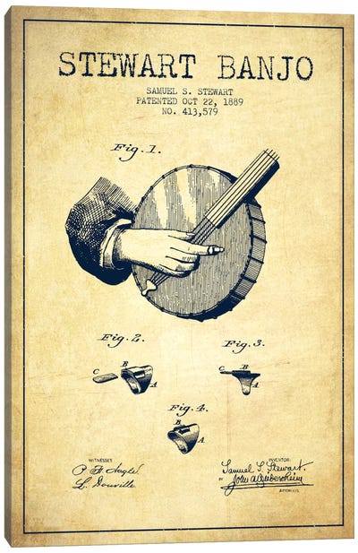 Stewart Banjo Vintage Patent Blueprint Canvas Art Print - Aged Pixel: Music