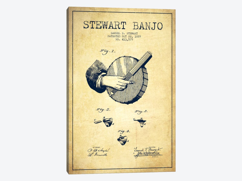Stewart Banjo Vintage Patent Blueprint by Aged Pixel 1-piece Canvas Wall Art