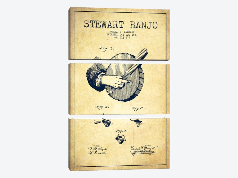 Stewart Banjo Vintage Patent Blueprint by Aged Pixel 3-piece Canvas Wall Art