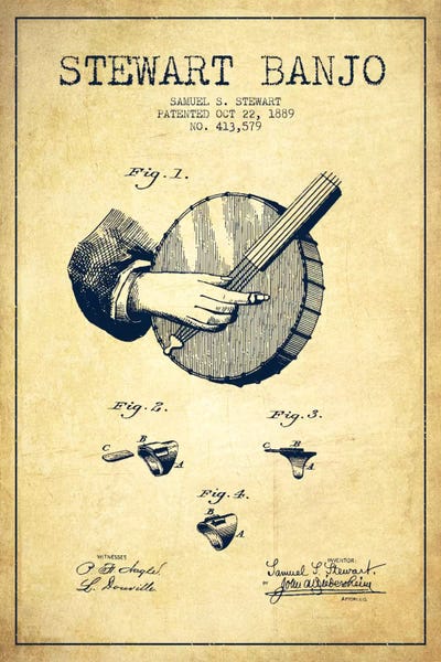 Music Blueprints: Stewart Banjo Vintage Patent Blueprint by Aged Pixel