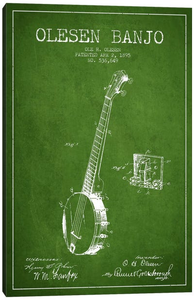 Olesen Banjo Green Patent Blueprint Canvas Art Print - Musical Instrument Art