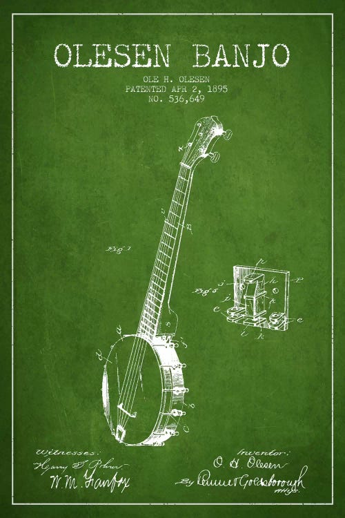 Olesen Banjo Green Patent Blueprint by Aged Pixel wall art